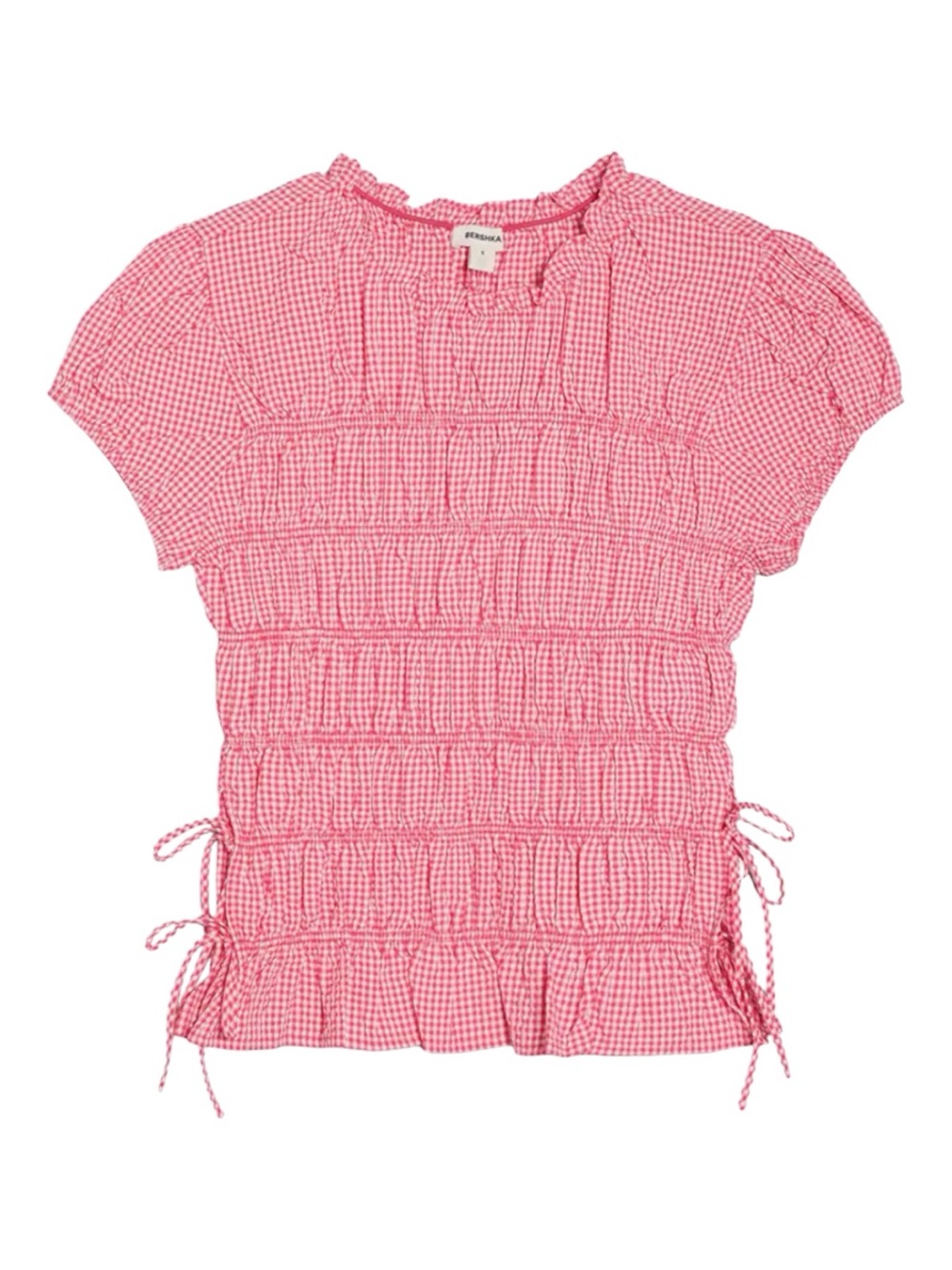 Bershka | Gingham Ruched Top with Adjustable Side Ties Red and White | Medium